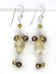 Stone and Pearl Sterling Silver Drop Earrings, Citrine
