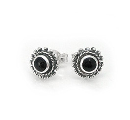 Sterling Silver Round Stone Inlay "Elle" Everyday Stud Post Earrings, Onyx