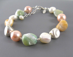 Sterling Silver Brushed Finish Beads Cultured and Simulated Pearl and Shell Nugget Strand Bracelet