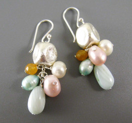 Sterling Silver Brushed Finish Beads Cultured Pearl and Stone Drop Earrings