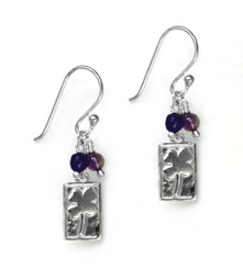 Sterling Silver Four Leaf Clover Charm Stone Top Cluster Drop Earrings, Amethyst