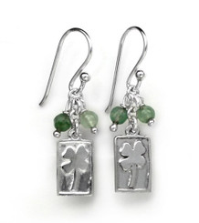 Sterling Silver Four Leaf Clover Charm Stone Top Cluster Drop Earrings, Aventurine