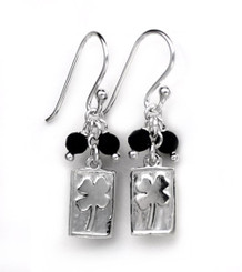 Sterling Silver Four Leaf Clover Charm Stone Top Cluster Drop Earrings, Onyx