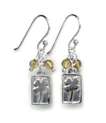 Sterling Silver Four Leaf Clover Charm Stone Top Cluster Drop Earrings, Citrine