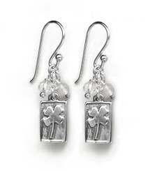 Sterling Silver Four Leaf Clover Charm Stone Top Cluster Drop Earrings, Clear Quartz