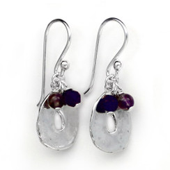 Sterling Silver Disc Charm and Stone Top Cluster Drop Earrings, Purple Crystal