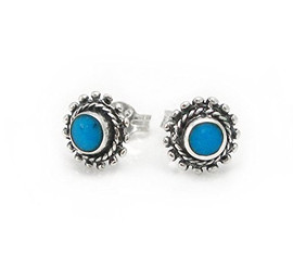 Sterling Silver Round Stone Inlay "Elle" Everyday Stud Post Earrings, Turquoise