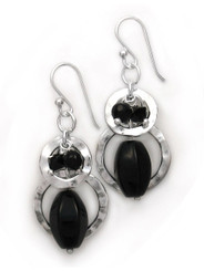 Sterling silver Two Circle Charms Stone Beads Drop Earrings, Black