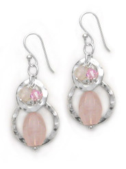 Sterling silver Two Circle Charms Stone Beads Drop Earrings, Pink Crystal