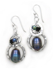 Sterling silver Two Circle Charms Stone Beads Drop Earrings, Peacock Pearl