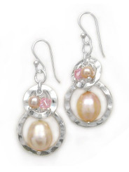 Sterling silver Two Circle Charms Stone Beads Drop Earrings, Pink Pearl