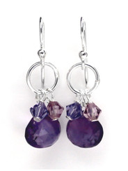 Sterling Silver Circle Charm Bead Stone Drop Earrings, Amethyst