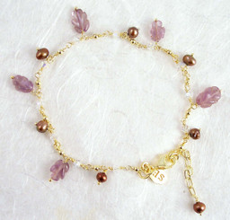 Gold Plated Sterling Silver Leaf Carved Stone Chain Bracelet, Amethyst