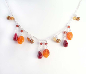 Sterling Silver Leaf Carved Stone Chain Necklace, Carnelian