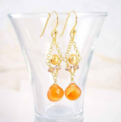Gold Plated Sterling Silver Bead Chain Stone Drop Earrings, Carnelian