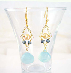 Gold Plated Sterling Silver Bead Chain Stone Drop Earrings, Blue Chalcedony
