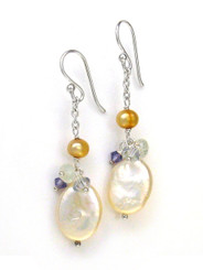 Oval Coin Pearl and Stone Cluster on Chain Drop Earrings, White