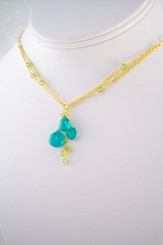 Gold Plated Sterling Silver Triple Tearstone Drops Chain Necklace, Blue Chalcedony