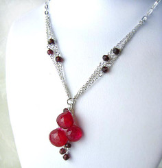 Sterling Silver Triple Tearstone Drops Chain Necklace, Red Chalcedony