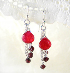 Sterling Silver Teardrop Stone Chain Beads Drop Earrings, Red Chalcedony