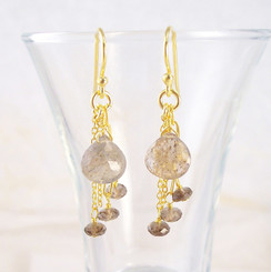 Gold Plated Sterling Silver Teardrop Stone Chain Beads Drop Earrings, Smoky