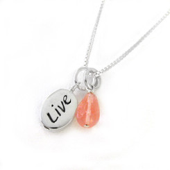 Sterling Silver "LIVE" Charm and Pink Drop Necklace