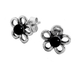 Sterling Silver Onyx Daisy Flower Post Earrings