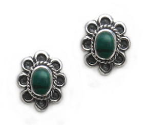 Sterling Silver Oval Flower Stone Inlay Stud Post Earrings, Malachite
