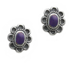 Sterling Silver Oval Flower Stone Inlay Stud Post Earrings, Sugalite