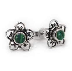 Sterling Silver Stone Flower Open Petals Stud Post Earrings, Malachite