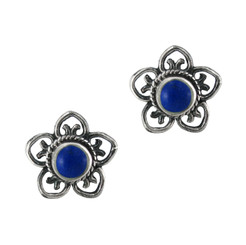 Sterling Silver Stone Flower Open Petals Stud Post Earrings, Lapis Lazuli