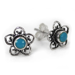 Sterling Silver Stone Flower Open Petals Stud Post Earrings, Turquoise