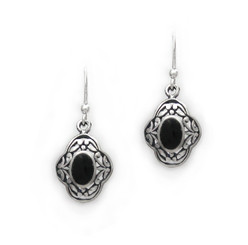 Sterling Silver Oval Stone Ornate Clover Frame Drop Earrings, Onyx