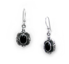 Sterling Silver Oval Stone Frame Drop Earrings, Onyx