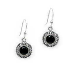 Sterling Silver Round Stone Drop Earrings, Onyx