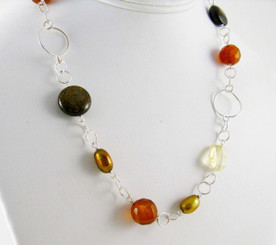 Stones and Link Sterling Silver Necklace, Tiger's Eye Combo