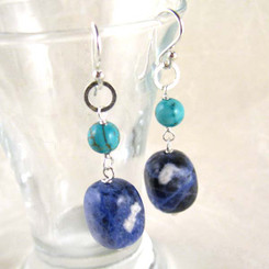 Stones and Link Sterling Silver Drop Earrings, Sodalite