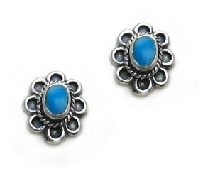 Sterling Silver Oval Flower Stone Inlay Stud Post Earrings, Turquoise
