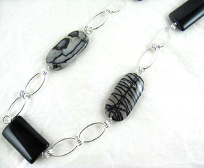Stones and Link Sterling Silver Necklace, Zebra Jasper Combo