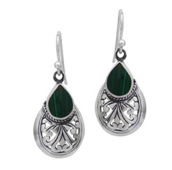 Sterling Silver Teardrop Stone Scrolls "Sofie Anne" Earrings, Malachite