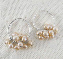 Sterling Silver and Pearl Cluster 1" Hoop Earrings, Pink