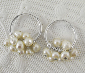 Sterling Silver and Pearl Cluster 1" Hoop Earrings, White