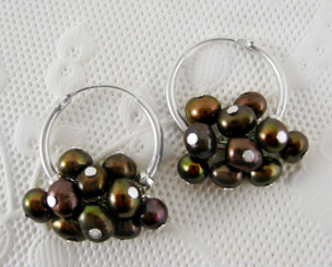 Sterling Silver and Pearl Cluster 1" Hoop Earrings, Brown