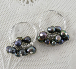 Sterling Silver and Pearl Cluster 1" Hoop Earrings, Peacock
