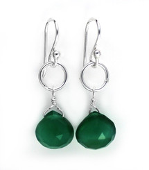 Sterling Silver Circle Charm Teardrop Stone Drop Earrings, Green Onyx