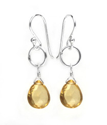 Sterling Silver Circle Charm Teardrop Stone Drop Earrings, Citrine