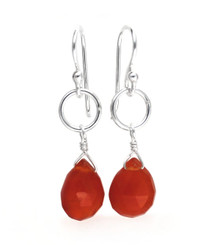 Sterling Silver Circle Charm Teardrop Stone Drop Earrings, Carnelian
