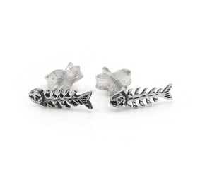 Sterling Silver Skeleton Fishbones Stud Post Earrings