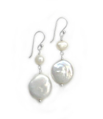 Sterling Silver Cultured Pearl Link Coin Pearl Drop Earrings, White