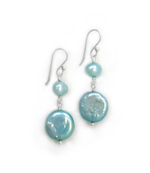 Sterling Silver Cultured Pearl Link Coin Pearl Drop Earrings, Aqua